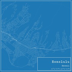 Blueprint US city map of Honolulu, Hawaii.