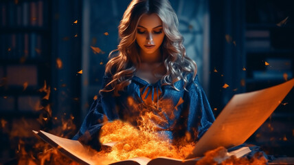 Fototapeta premium Fantasy woman witch magician in hood holds in hands magic book, generative AI tools 