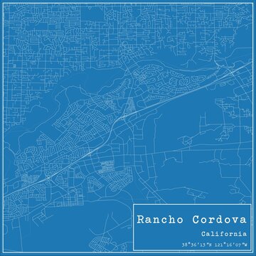 Blueprint US City Map Of Rancho Cordova, California.