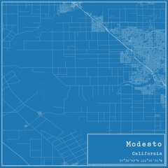 Blueprint US city map of Modesto, California.