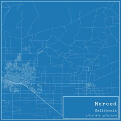 Blueprint US city map of Merced, California.