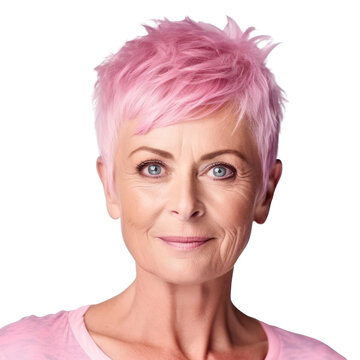 Portrait of a senior woman with pastel pink color short hair isolated on transparent background, PNG. Generative AI