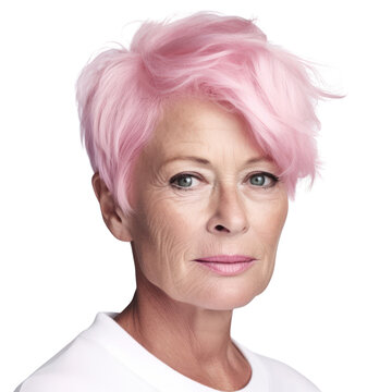 Portrait of a senior woman with pastel pink color short hair isolated on transparent background, PNG. Generative AI