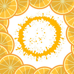 Vector Fresh Orange Sliced Frame with Circle Orange Juicy Splatter and Juice Drops on White Background. Tropical Sweet Fruit Pattern