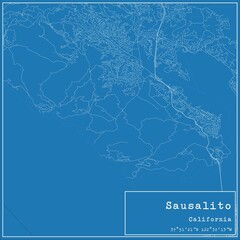 Blueprint US city map of Sausalito, California.