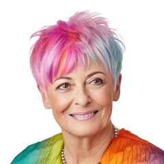 Fototapeta premium Portrait of a senior woman with pastel pink color hair smiling isolated on transparent background, PNG. Generative AI