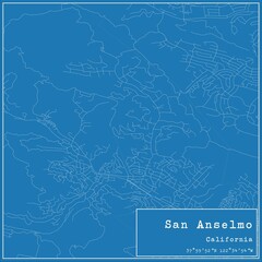 Blueprint US city map of San Anselmo, California.