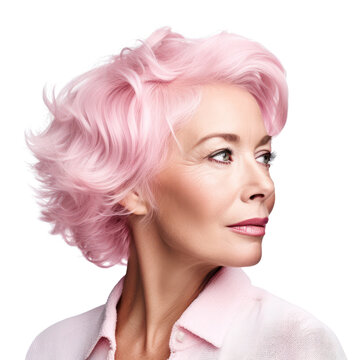 Portrait of an older woman with pink color hair isolated on transparent background, Female mature beuty. PNG. Generative AI