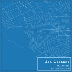 Blueprint US city map of San Leandro, California.