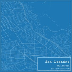 Blueprint US city map of San Leandro, California.