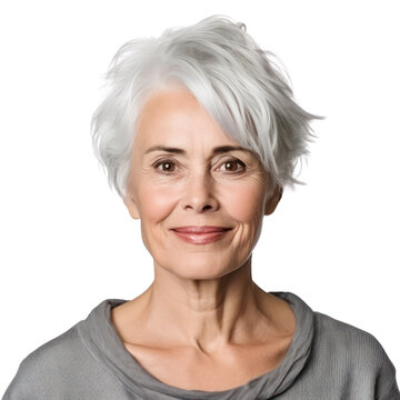 Senior woman with grey color short hair smiling isolated on transparent background, Mature beauty, PNG. Generative AI