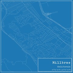 Blueprint US city map of Millbrae, California.