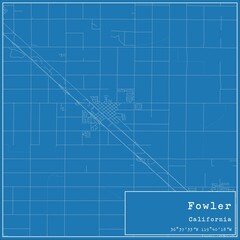 Blueprint US city map of Fowler, California.
