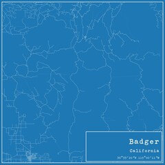 Blueprint US city map of Badger, California.