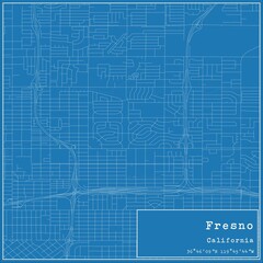 Blueprint US city map of Fresno, California.