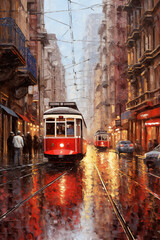 A painting of a trolley on a city street. Generative AI.