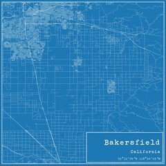 Blueprint US city map of Bakersfield, California.