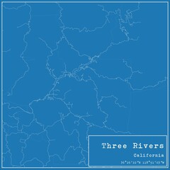 Blueprint US city map of Three Rivers, California.