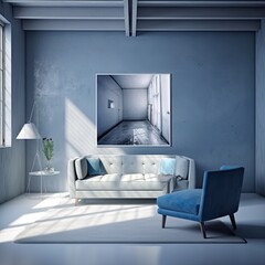 Home interior mockup with blue armchairs table and decor in living room 3d render