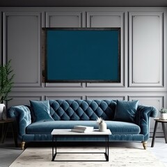 mockup of a empty blank horizontal medium size poster in dark wooden frame in dark modern glamour living room with blue accent