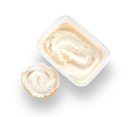 Tasty crouton with cream cheese on white background