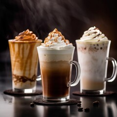 three varieties of coffee showing cappuccino, vanilla latte and  chocoalate ice cream coffee