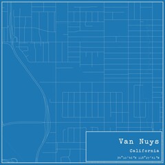 Blueprint US city map of Van Nuys, California.