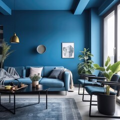 mockup of a empty blank horizontal medium size poster in dark wooden frame in dark modern glamour living room with blue accent