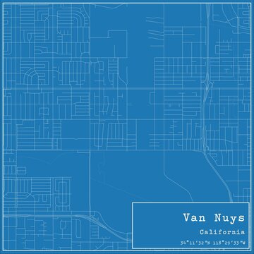 Blueprint US city map of Van Nuys, California.