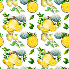 Watercolor seamless pattern lemon white flowers, tree branch, slice and floral perfume bottle. Hand drawn botanical illustration of yellow citrus fruits, aroma spray on white background