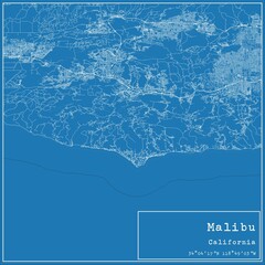 Blueprint US city map of Malibu, California.