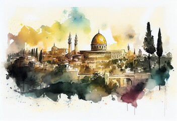 Beautiful view of Jerusalem, watercolor sketches. generative AI.