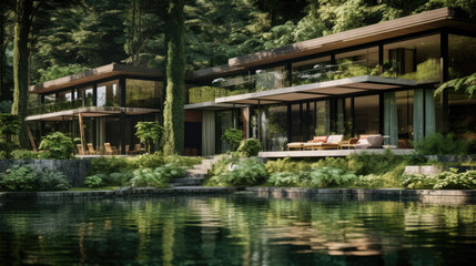 Fototapeta na wymiar Generative ai illustration of modernist-looking house in a green paradise