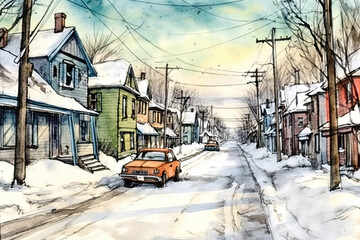 Fototapeta premium A fabulously drawn cityscape with picturesque houses.