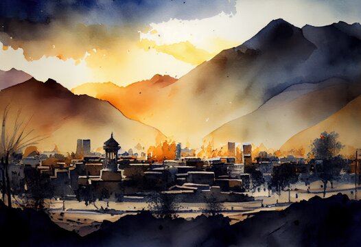 Beautiful view of Kabul, watercolor sketches. generative AI.