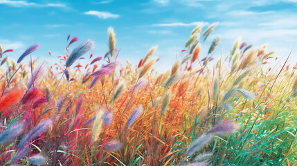 Fototapeta na wymiar wild grass field watercolor white rainbow multicolored background. generative ai