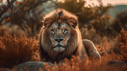 lion in the savanna african wildlife landscape. generative Ai