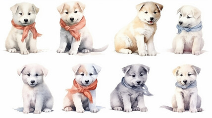a group of cute watercolor puppies on a white background. generative Ai