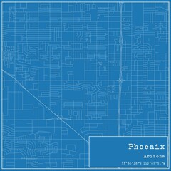 Blueprint US city map of Phoenix, Arizona.