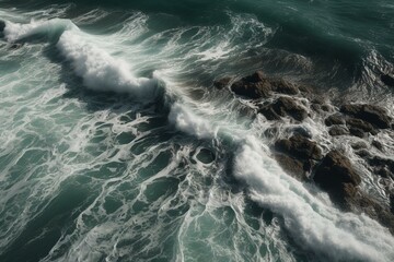 Fototapeta na wymiar Bird's eye view of ocean waves breaking against the shore. Generative AI