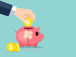 Broken Piggy bank and repair by aid bandage. Recovery improves and develops deposit and investment concepts. Vector illustration cartoon flat design for banner, poster, and background.
