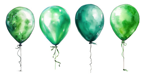 collection of single round green ballons in watercolor design on transparent background