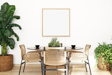 Living room frame mockup in boho style, 3d render
