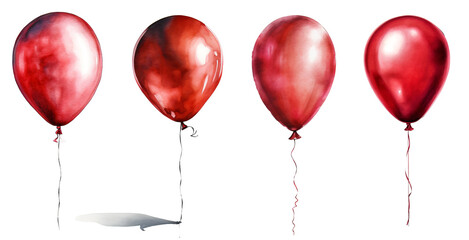 collection of single round red ballons in watercolor design on transparent background