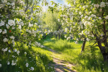Fototapeta premium Blooming trees in the garden on a sunny day.