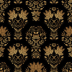Golden art decoration illustration. Banner for decor, print, textile, wallpaper, interior design. cover background. Luxury seamless pattern with gold leaves.