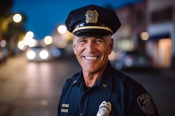 Portrait of a smiling mature policeman standing in the street at night - obrazy, fototapety, plakaty