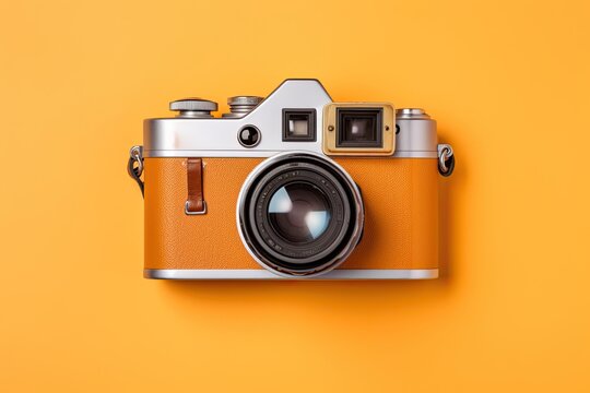 vintage camera isolated on yellow background. travel concept. minimal style with copy space.ai generated
