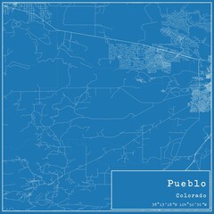 Blueprint US city map of Pueblo, Colorado.