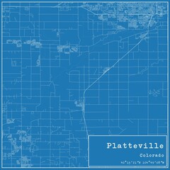 Blueprint US city map of Platteville, Colorado.